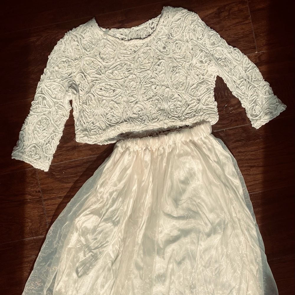 white lace crop top with tulle midi skirt- womens